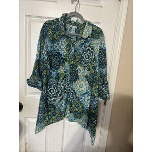 Catherines Button Up Shirt Women’s 1X Damask Floral Print 3/4 Sleeve Shark He